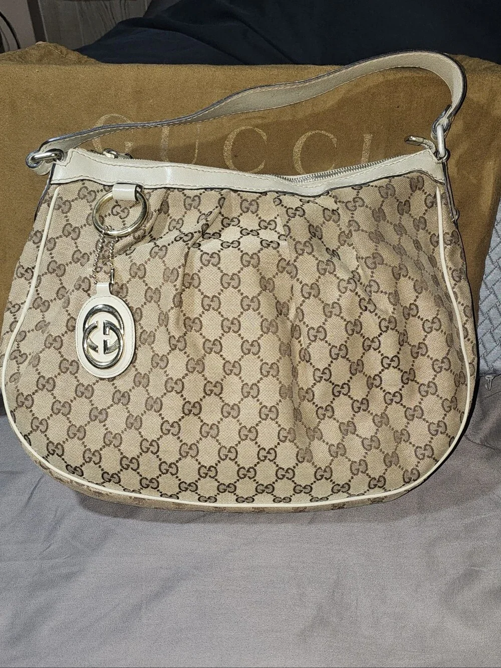 Authentic Gucci Beige Monogram Canvas Sukey Shoulder Bag with Ivory Trim Vintage